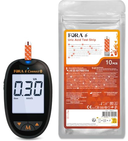 FORA 6 Connect mmol/L Harnsäuremessgerät mit 10 Teststreifen + 10 Lanzetten | Bluetooth & App-Synchronisation | Für Gichtkontrolle & Harnsäureüberwachung