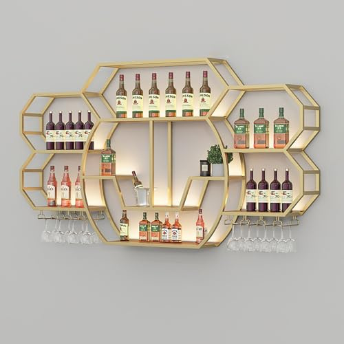 AKOGG Weinregal Wand mit Weinglashalter,Flaschenregal mit Gläserhalter Zum Aufhängen,Metall-Weinflaschenhalter,Weinregale Für Küche,Zuhause Und Weinkeller(Gold)