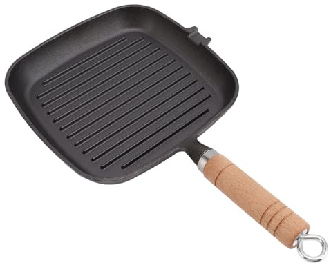Cast Iron Skillet Square Grill Pan Uncoated Nonstick Wooden Handle for Cooking Meats Steak Fish Breakfast Cast Iron and Solid Wood 20.8cm 1525g