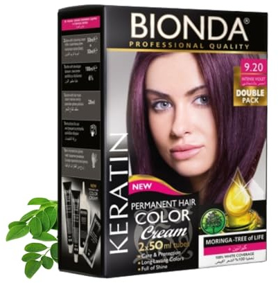 BIONDA Professional Colorazione Permanente in Crema 200ml | Confezione doppia | Cheratina e Moringa | colore ricco e lunga durata | copertura capelli bianchi 100% (9.20 viola intenso)