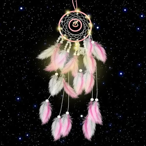 Kikuo Carousel Atrapasueños con plumas, Hecho a Mano Atrapa Sueños para Pared, Vintage Estilo Bohemio Atrapasueños para decorar Hogar Dormitorio Regalos Habitación Infantil (Rosa)