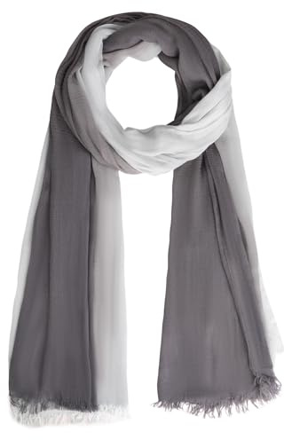Monbessi Damen Dünner Schal Zweifarbiger Farbverlauf Leichter Schal Baumwolle Tücher Damen Mode-Accessoires Geeignet für Alle Jahreszeiten(Weißgrau)