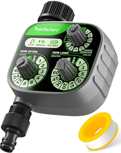 rainfactory Programador de riego con 3 mandos - Temporizador de riego fácil de Usar para riego automático o Manual con retraso de Lluvia - Ahorro de Agua Ideal para jardín, césped y macetas de balcón