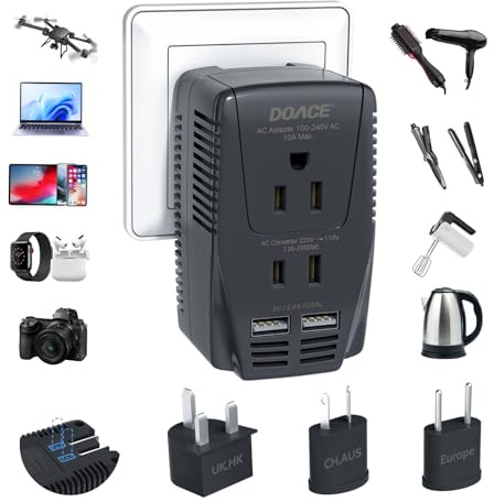 DOACE 2000W Voltage Converter US to Europe - 220V to 110V Converter for European Travel for Hair Dryer Straightener Curling Iron, 2300W Travel Power Adapter for Laptop Tablet Camera Cell Phone