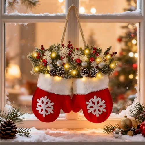 Türkranz Weihnachten LED, Glitzernder Weihnachts Handschuhkranz, Fäustlingskränze mit Künstlichen Kiefernzweigen & Lichtern, Weihnachtstürkranz für Tür Fenster Wand Deko (Socken)