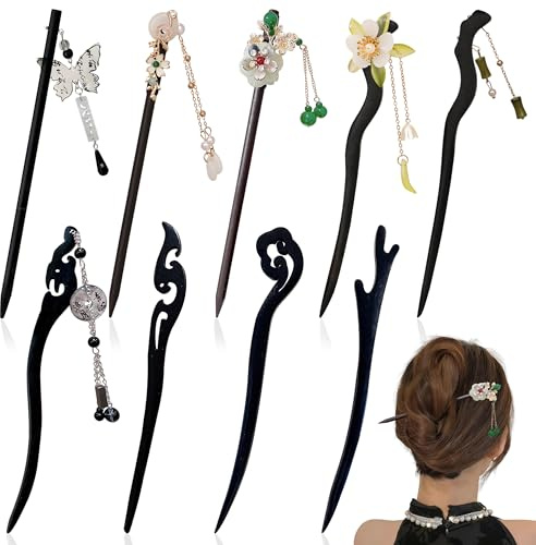PYSEOSISE Horquillas Chinas para el Pelo, 9 Palillos de Madera para el Pelo con Borlas, Horquillas Vintage Elegantes Palos Chinos para Moño Accesorios para el Cabello de Mujer