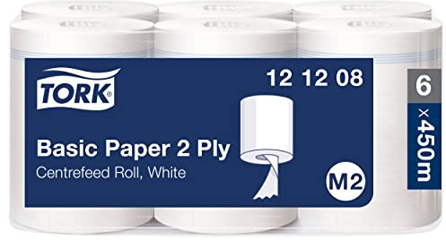 Tork Papier d’Essuyage Basic pour Distributeur à Dévidage Central blanc M2, Papier d'essuyage multi-usages, 6 x 121,5 m, 121208