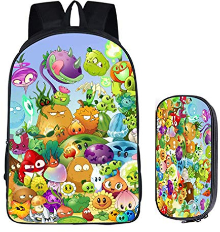 WANHONGYUE Plants vs. Zombies Jeu Image Backpack Set Sac d'école Cartable Boîte de Papeterie Sac à Dos + Trousse /10