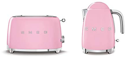 Smeg 50’s Style Retro Range Breakfast Set, 0.8L 1400W Mini Kettle and Multi-Functional Control 2-Slice 950W Toaster, Pink, EEJB114