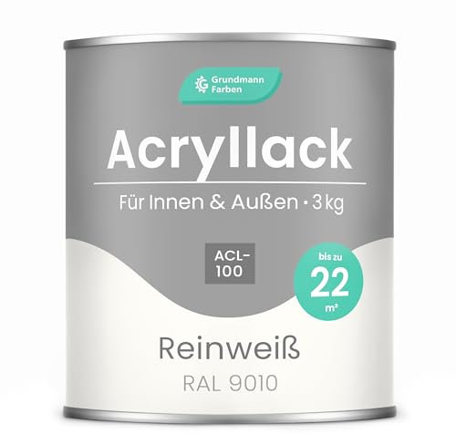 Grundmann Acryllack ACL 100 - Weiß 3 Kg - 4in1 Lack inkl. Grundierung - Innen und Außen - Für Holz, Metall, Stein & Kunststoff - Reinweiss RAL 9010