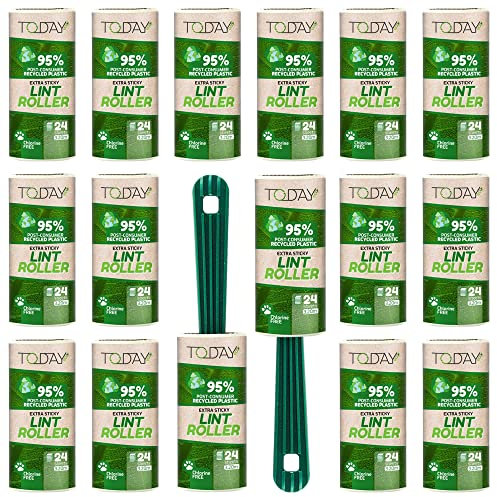 Today - Lint Rollers 95% recycled 16 rolls (24 sheets) + 2 handles in post-consume plastic. Lint remover for cat and dog hair, Extra sticky pet hair remover