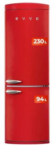 Evvo Frigorífico Combi F60 Retro Rojo - Marca española, 230 L Frigorífico + 94 L Congelador, No Frost