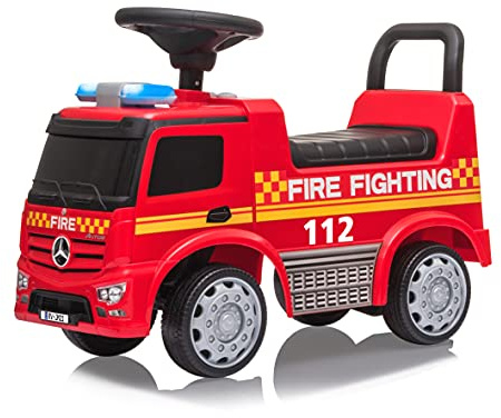 Rutscher Mercedes-Benz Antos Feuerwehr – ab 12 Monate, Sitzhöhe 280 mm, Kippschutz, Kofferraum unter der Sitzfläche, Schub- und Haltegriff, LED Signallichter und Sirene/Hupe