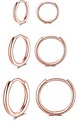 GULICX Silver Hoop Earrings Set for Women Men Girls, 3 Pairs Hypoallergenic 925 Sterling Silver Small Cartilage Tragus Sleeper Hoops Huggie Hinged Earring (8mm/10mm/12mm), Color: Silver/gold/Rose Gold