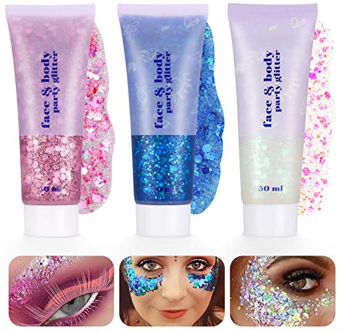 Dacitiery 3Pcs Body Glitter Gel Kit, 50ml Face Glitters Body Sequins | Mermaid Sequins Liquid Gel Holographic Chunky Glitter for Eye, Hair, Nail DIY Art Festival Party Makeup Decoration