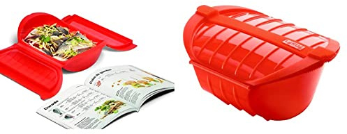 Lékué - Kit Estuche de vapor 3,4 personas + libro de recetas, 1400 ml, Silicona & Estuche hondo de vapor XL, capacidad de 1000 ml, para 3-4 personas, color rojo