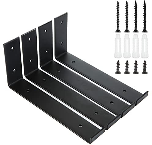 LOLYSIC 4 Pcs Scaffold Board Shelf Brackets - 225mm / 9 Inch Heavy Duty Shelf Bracket Supports with Lip - Wall Mounted Industrial Metal Shelve Brackets with Screws, Black
