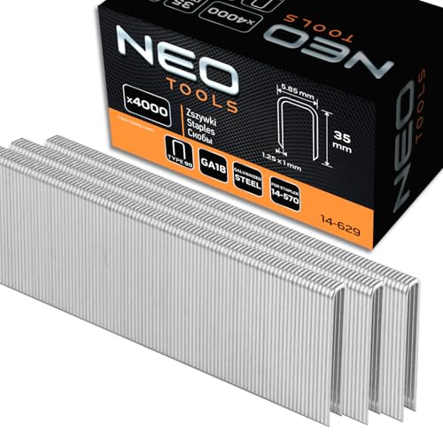 NEO TOOLS Grapas galvanizadas para grapadora neumática (para NEO modelo 14-570), GA18, tipo 90 (4K), longitud 10-40 mm, 4000 unidades, alambre de acero galvanizado, resistente a la corrosión (35 mm)