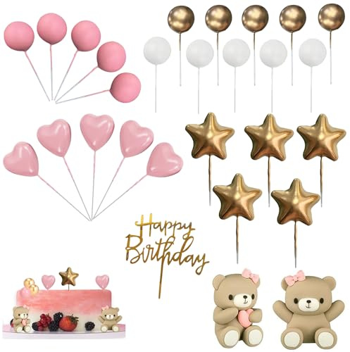 Taicols 28 Stück Teddybär Tortendeko Kugeln, Happy Birthday Cake Topper DIY Set für Hochzeit, Geburtstag, Babyparty (Rosa)