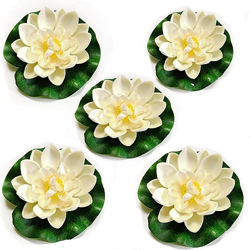 Tsling Artificial Water Lily 10cm White,Ponds Small Floating Plants EVA Foam Water Lillies,Realistic Lotus Flower Pads for Outdoor Decoration Pond Pool Aquarium