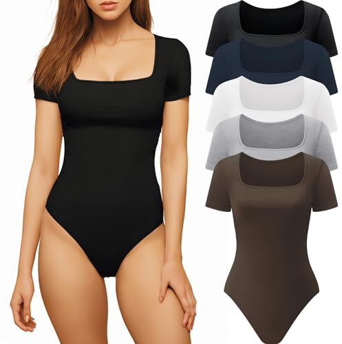 CE' CERDR Women’s 5 Pack Short Sleeve Bodysuits Square Neck T-shirt Basic Casual Tops Body suit