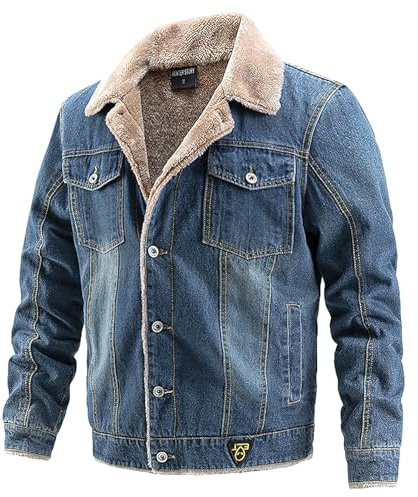 Jamron Homme Hiver Veste en Jean Doublée de Polaire avec Col Veste en Denim Chaude en Peluche avec Poches Bleu Marine L
