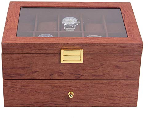 HUSPOO Uhrenbox, 20 Slots Double Layer Vintage Wood Uhrengehäuse Lockable Jewellery Vitrine Storage Box Organizer mit echtem Glasdeckel für Männer