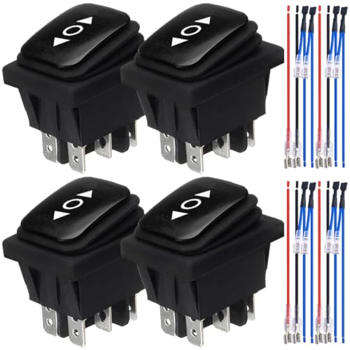 MKBKLLJY 4St.Schwarzer momentaner Polaritätsumkehrschalter Wasserdichter Steuerwippschalter 20A 12V DC 16A 250V/20A 125V AC DPDT 6Pin 3Position(ON)-Off-(ON) mit Überbrückungsklemmen Drähte für Auto