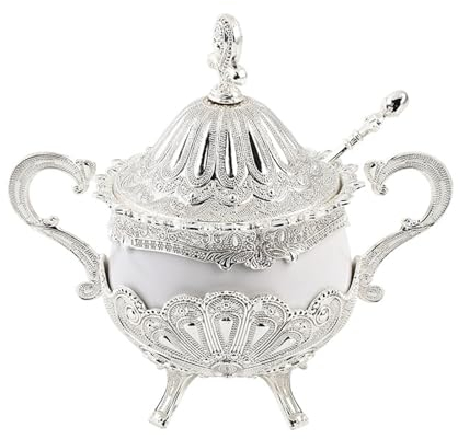 BURLOE Silber,Glass, Zuckerdose Mit Deckel Und Löffel, Gewürzglas Aus Metallreliefglas Süßigkeitenhalter Dekoschale Metall Silber Keramik Schale Lilie Dekoteller Deko