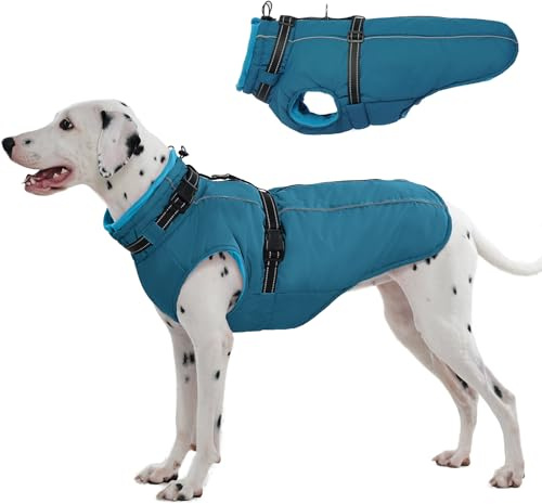 Lelepet Hundemantel für den Winter, Warme Hundejacke mit integriertem Geschirr, Winddicht Mantel mit Fleece Gefüttert für Hunde, Reflektierende Hundeweste für Kaltes Wetter, Blau L