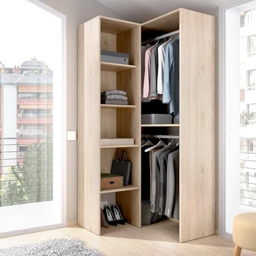 Dmora - Großer Kleiderschrank Bernina, Struktur für begehbaren Eckschrank, offener Eckkleiderbügel, 79 x 88 x 186 cm, Eiche