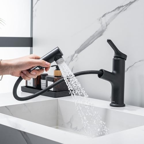 LakeBay Pull Out Bathroom Mixer Basin Tap, One Hole Monobloc Single Lever with Extendable 2 Functions Sprayer, Chrome Matt Black, G 1/2 Hoses