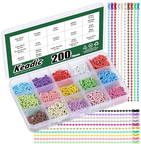 Keadic 200Pcs Metal Ball Chain Necklace, Colored Bead Key Chain with Connectors for Dog Tag and Jewelry Making - 2.4MM