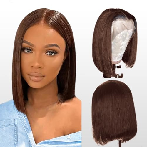 13X4 Lace Front Human Hair Bob Wig - Echthaar Perücke in Schokolade Braun, 12 Zoll, 150% Dichte