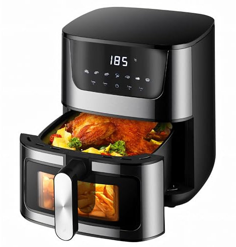 Retoo Heißluftfritteuse 6.5L 1800W, 10 Programmen Friteuse Heissluft, max 200°C, Air Fryer bis zu 90% weniger Fett, Touchpad, Fritteuse ohne Öl, Diät und Digital, Edelstahl-Finish Schwarz
