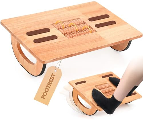 Holz Fußstütze für Unter den Schreibtisch, Holz Schreibtisch Fußablage fürs Home Office mit 11,5 cm Komfort-Höhe, Gebogene Beine, DIY Anti-Rutsch-Streifen, Massagerolle Wood