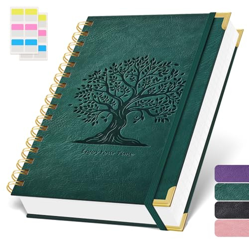 ROBCURSE A5 anteckningsbok, 300 sidor/150 ark spiralanteckningsblock inbunden, träd präglat läderfodral, dubbel spiralbindning linjerad journal för kvinnor män, 100 GSM linjerat papper, ingen blödning
