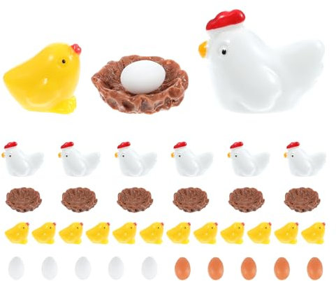 KFHENSOMR 34 mini statuette di animali con gallina, in miniatura, per Pasqua, gallina, pulcini, uovo, resina, uova di Pasqua, decorazione pasquale