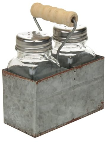 Macosa Home SA83054 Salz-& Pfefferstreuer Silber im Halter Metall Zink Silber Landhausstil Zinkhalter mit Griff Rustikal Küchen Deko Salzstreuer Tischdeko