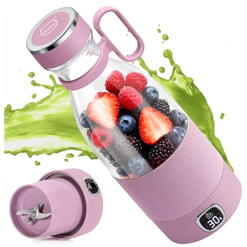 Licuadora portátil MIAOKE de 6 cuchillas para batidos y licuados, minilicuadora de 350 ml con pantalla LED, recargable por USB, batería recargable de 3000 mAh, ideal para el hogar,libre y viajes.