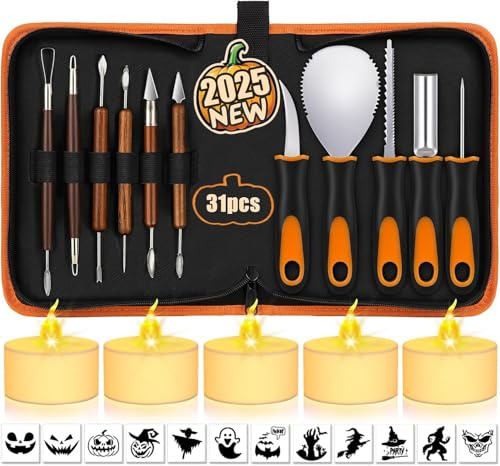 FOFAI Halloween Pumpkin Carving Kit: 31 PCS Professional Pumpkin Carving Tools with Stencils LED Candles - Stainless Steel Safe Carving Set for Jack-O-Lanterns - for Kids Adults Halloween Gifts 2026