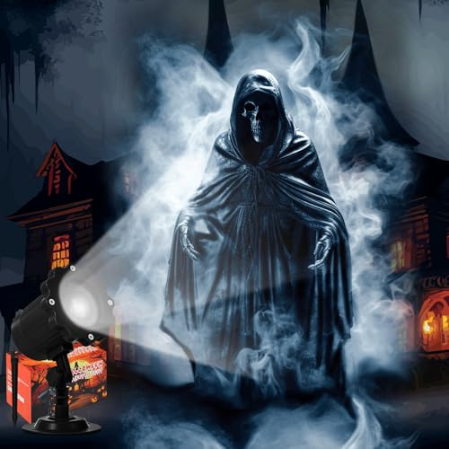 Gulfmew Proiettore di luci per Halloween, per interni ed esterni, con teschio fantasma, decorazione per esterni, lampada a LED per vacanze da giardino (bianco)