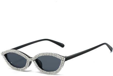 LJCZKA Strass Katzenauge Ovale Sonnenbrille für Damen Retro Klein Diamant Sonnenbrille Luxus Bling Rahmen Punk Party Brille mit UV Schutz