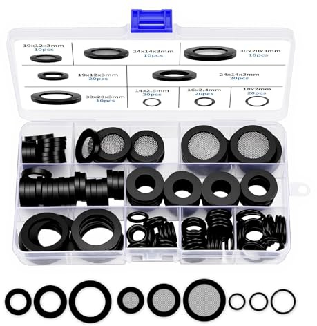 140 Stück Siebdichtung Dichtung O Ring Set,flachdichtung set,Schwarz Flache Unterlegscheiben,3/4’1‘1.2’Mesh Gummi Unterlegscheiben mit Edelstahl-Sieb für Wasserhahn, Duschschlauch,Schlauchanschlüsse