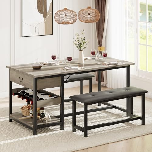 Esstisch Set 3-Teilig, Esszimmertisch Mit 2 PU Gepolsterte Banken Esszimmergruppe Für 4 Personen Rechteckig Küchentisch-Set, Mit 1 Ablagen&1Weinregal&Geschirrschubladen Für Wohnzimmer, Esszimmer, Grau