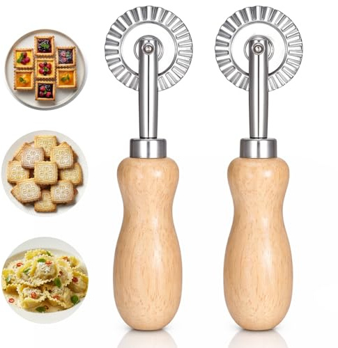 Pasta Cutter 2 PCS Pasta Cutter Wheel, Ravioli Cutters with Wooden Handle Pastry Cutters Fluted Pastry Ravioli 1.5 Inch Diameter Pie Crust-Cutter for Home and Kitchen Use
