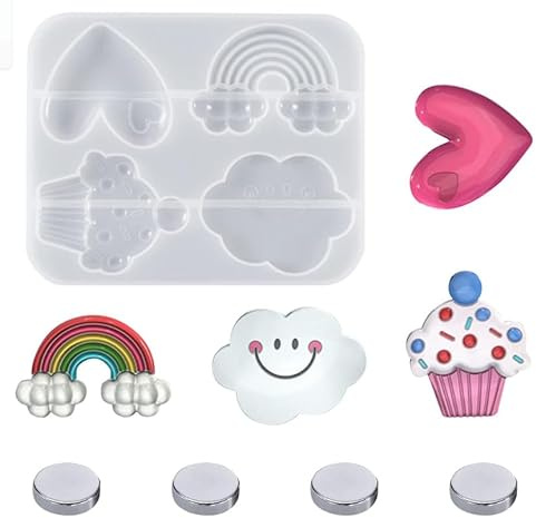 Silicone Resin Mold with Magnets, Cloud Rainbow Heart Cupcake Shapes, DIY Epoxy Refrigerator Magnets, 11.6cm x 9.5cm, Decorative Fridge Accessories