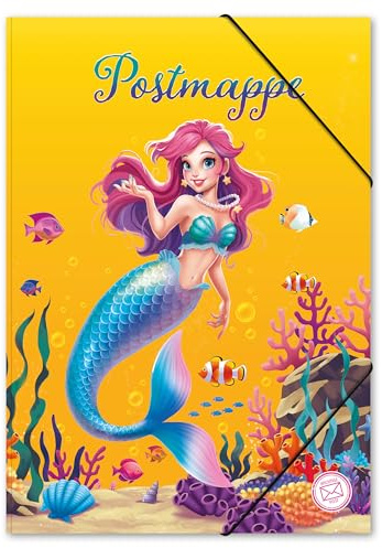 itenga Postmappe aus stabilem Kunststoff PP - Gummizugmappe mit Motiv DIN A4 mit Gummizugverschluss - Sammelmappe Eckspanner (Meerjungfrau - AQUA DREAMS)