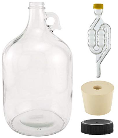 North Mountain Supply - 1G-38-ST-TB-1 1 Gallon Glass Fermenting Jug with Handle, 6.5 Rubber Stopper, Twin Bubble Airlock, Black Plastic Lid (Set of 1)