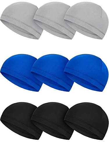 SATINIOR 9 Pieces Cooling Skull Caps Helmet Hard Hat Liner Bald Cap Sweat Wicking Running Beanie Cycling for Men Women(Grey, Dark Blue, Black)